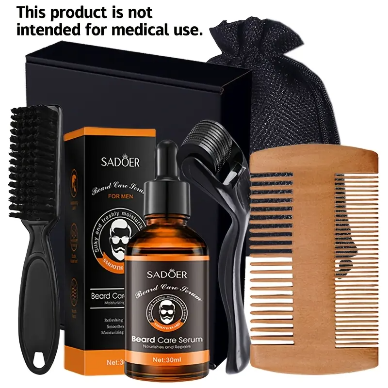 Men's Beard Grooming Kit with Beard Oil, 0.25mm Beard Roller, Brush, Comb, Pouch Hydrating and Gentle Moisturizing for Beard Care and Styling