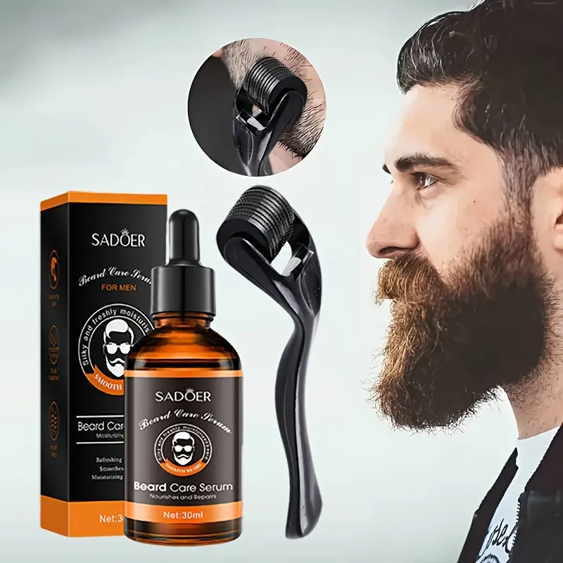 Men's Beard Grooming Kit with Beard Oil, 0.25mm Beard Roller, Brush, Comb, Pouch Hydrating and Gentle Moisturizing for Beard Care and Styling