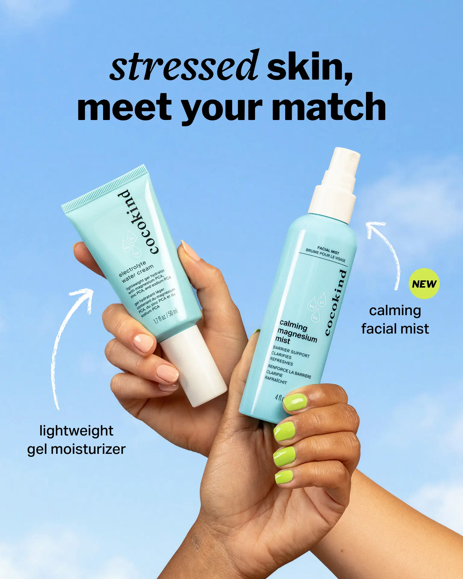 Cocokind Calm & Clarify Duo | Calming Magnesium Mist + Electrolyte Water Cream | For Stressed & Breakout-Prone Skin
