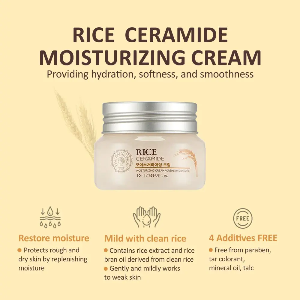 The Face Shop Rice Ceramide Moisturizing Cream | Rice Extract & Rice Bran Oil, Brightening & Hydrating, 50ml