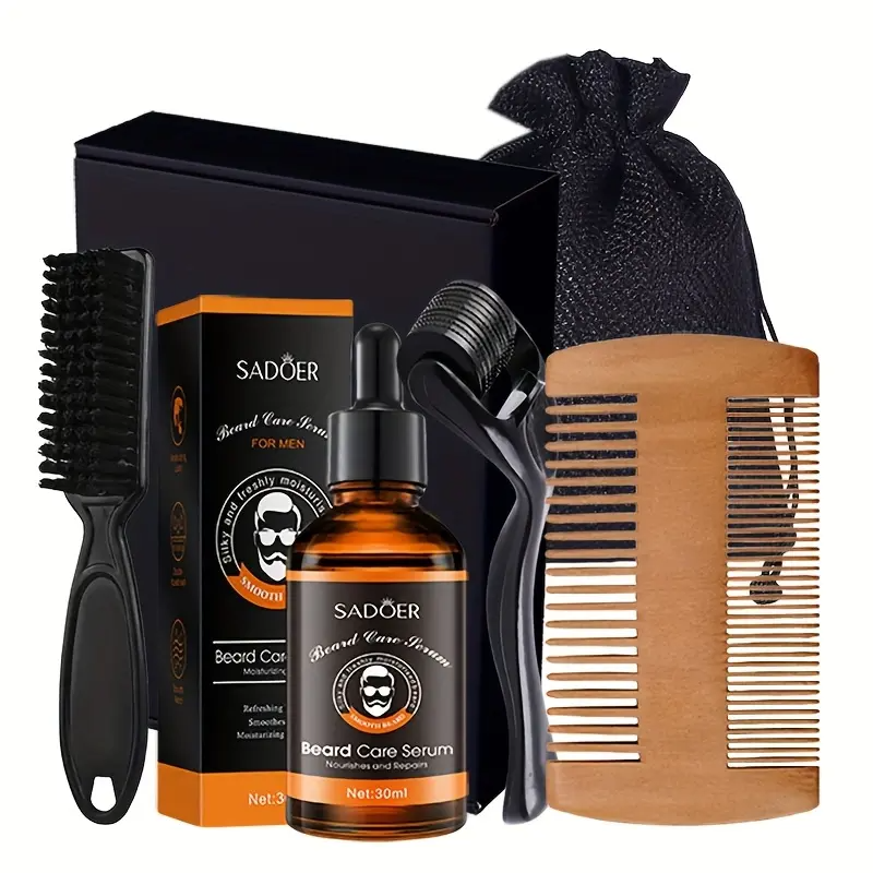 Men's Beard Grooming Kit with Beard Oil, 0.25mm Beard Roller, Brush, Comb, Pouch Hydrating and Gentle Moisturizing for Beard Care and Styling