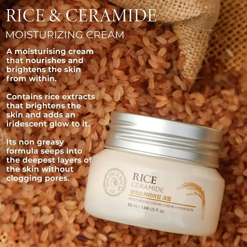 The Face Shop Rice Ceramide Moisturizing Cream | Rice Extract & Rice Bran Oil, Brightening & Hydrating, 50ml