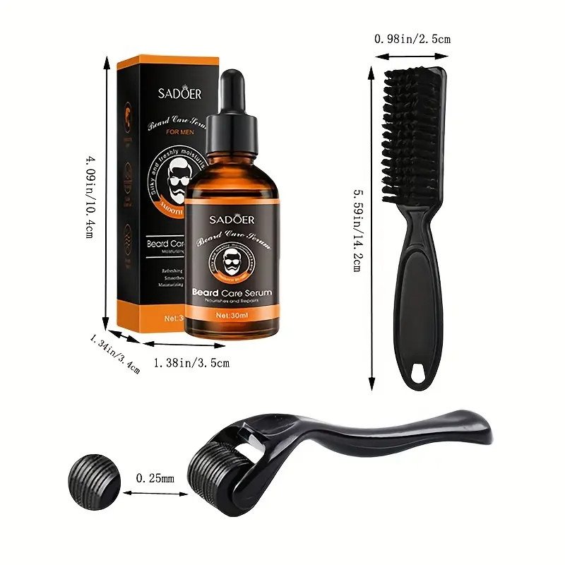 Men's Beard Grooming Kit with Beard Oil, 0.25mm Beard Roller, Brush, Comb, Pouch Hydrating and Gentle Moisturizing for Beard Care and Styling