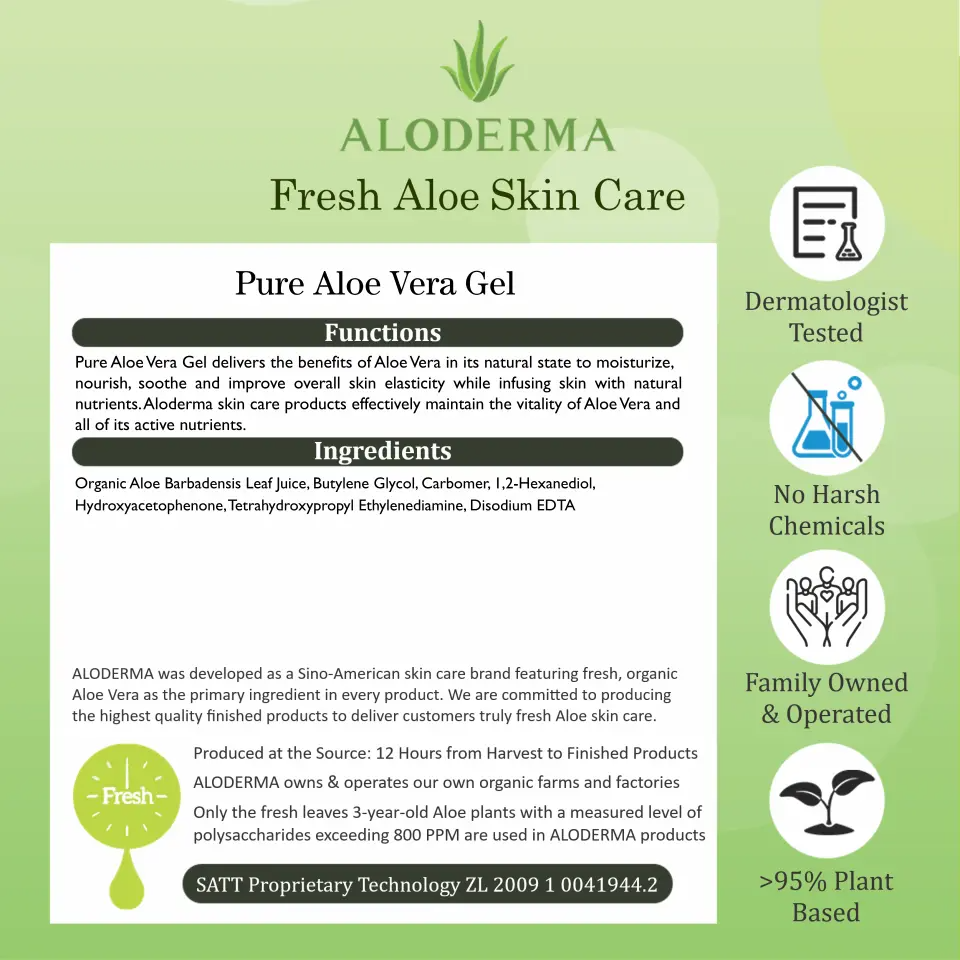 ALODERMA Pure Aloe Vera Gel 96% Organic – Face, Body, Hair & Scalp | 7.05oz