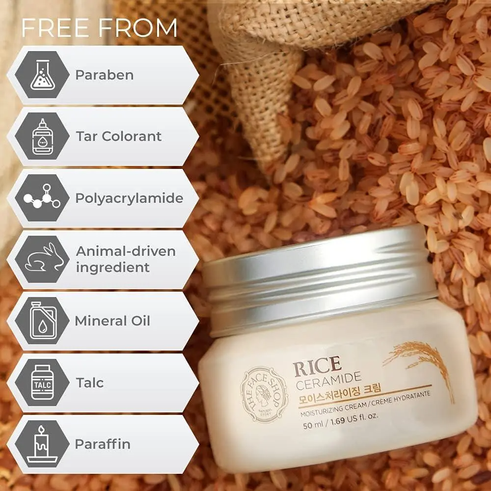 The Face Shop Rice Ceramide Moisturizing Cream | Rice Extract & Rice Bran Oil, Brightening & Hydrating, 50ml