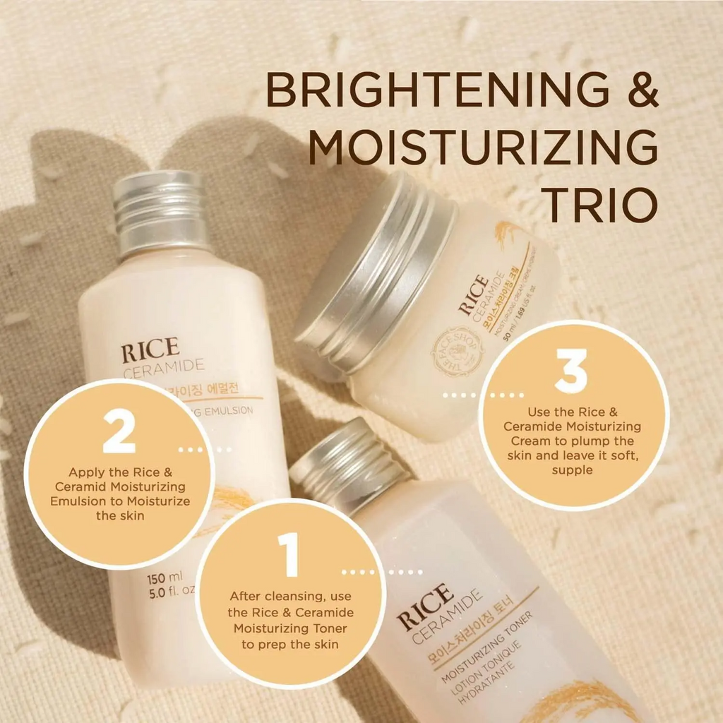 The Face Shop Rice Ceramide Moisturizing Cream | Rice Extract & Rice Bran Oil, Brightening & Hydrating, 50ml