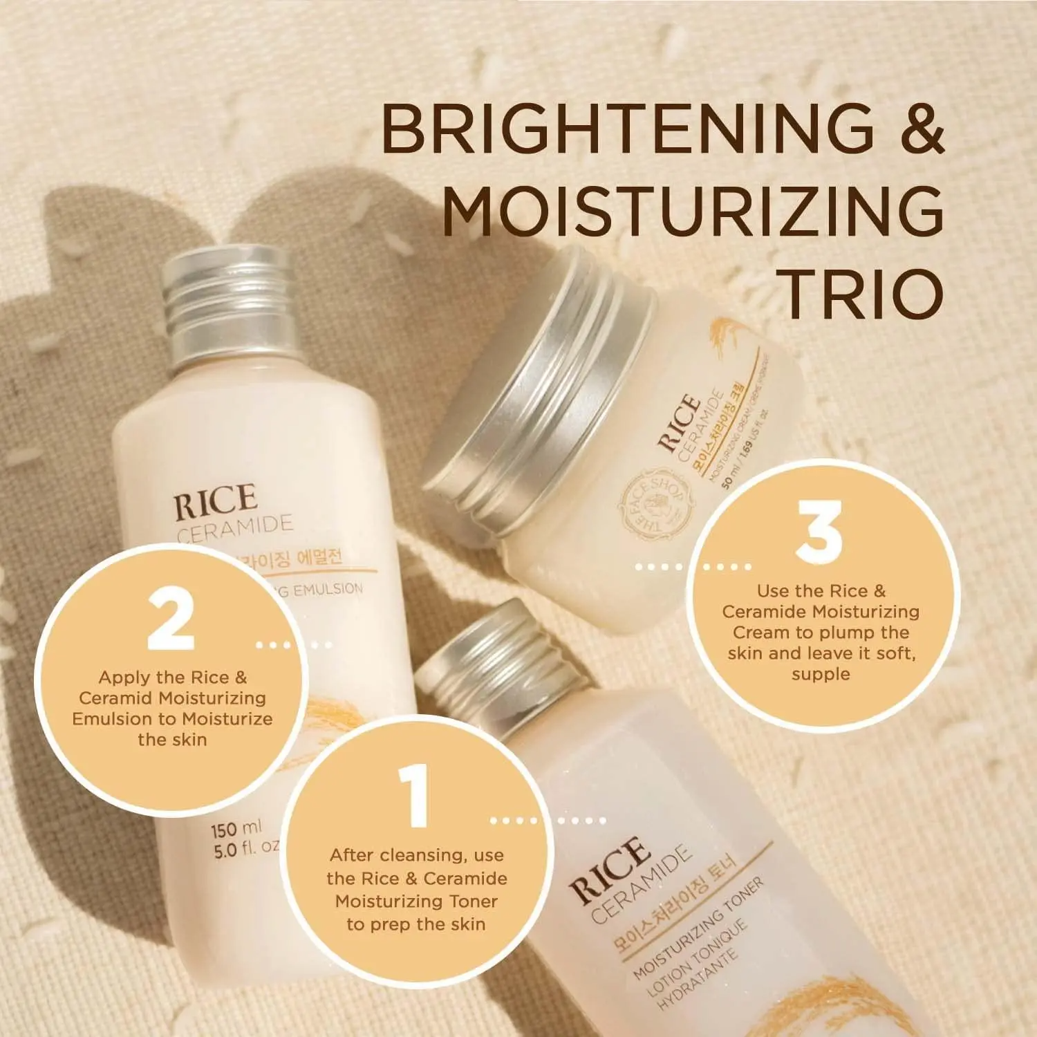 The Face Shop Rice Ceramide Moisturizing Cream | Rice Extract & Rice Bran Oil, Brightening & Hydrating, 50ml