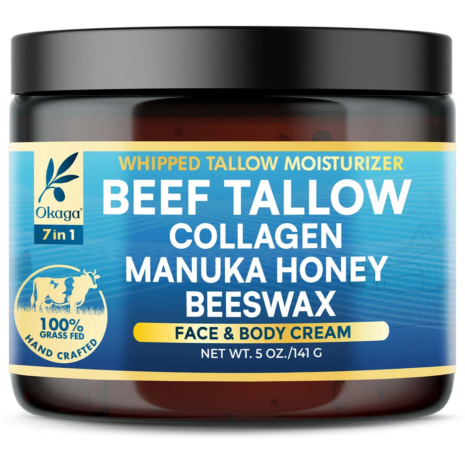 Okaga 7-in-1 Whipped Beef Tallow Moisturizer 5oz – Face & Body Cream with Collagen, Manuka Honey & Beeswax | 100% Grass-Fed